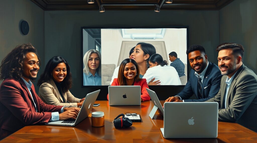 Diverse professionals collaborating in a virtual meeting in 2025.