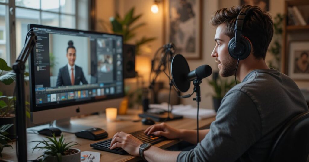 Content creator working remotely on a podcast in 2025.