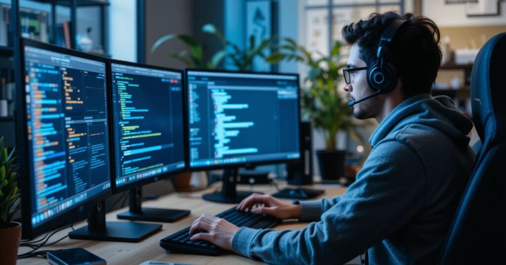 Software developer working remotely from home in 2025.