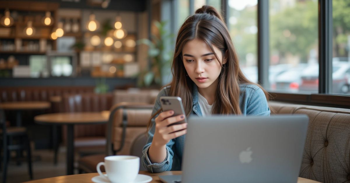 Gig worker stressed while searching for gig opportunities in a café.